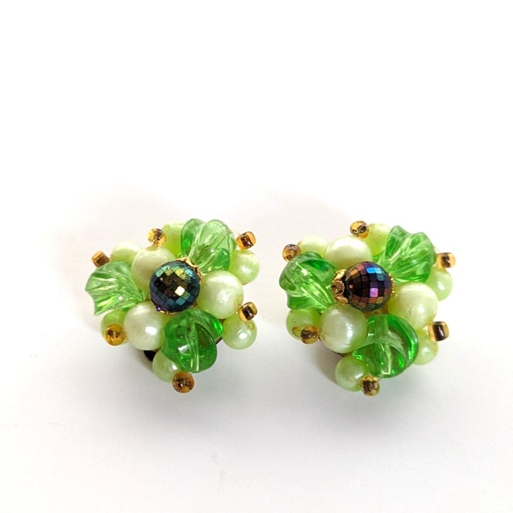 Vintage West Germany Retro Green Purple Cluster Beaded Clip On Earrings